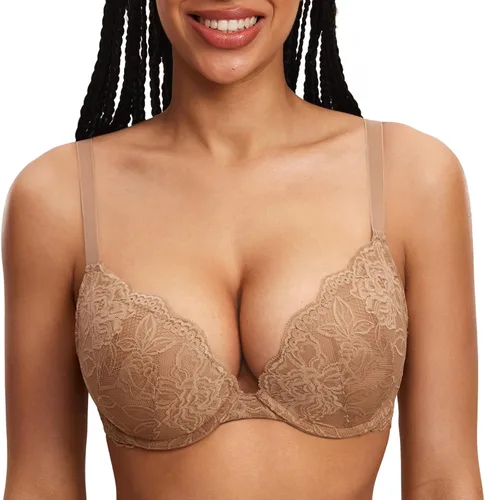 Vista 10 de DOBREVA - Brasier de encaje con efecto push up para mujer, con aros, con inmersión, cobertura completa, sexy, talla grande, con soporte Beige