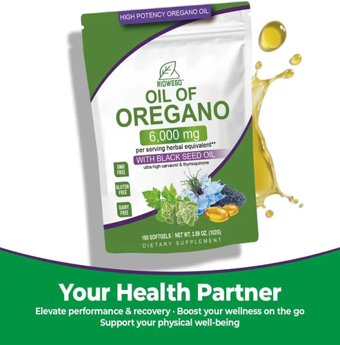 Vista 8 de Cápsulas blandas de aceite de orégano con aceite de semilla negra, cápsulas de aceite de orégano de alta potencia de 6000 mg para apoyo