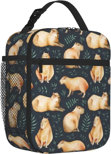 Vista 2 de Capybara - Lonchera con diseño de hojas para niños y niñas, lonchera reutilizable con bolsillo lateral, lonchera para niñas y adolescentes, bolsa