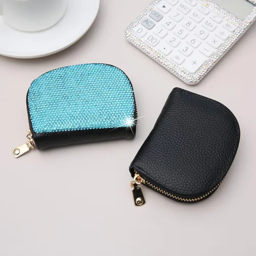 Vista 21 de AsAlways RFID Rhinestone titular de la tarjeta de crédito semicírculo multicapa cremallera caso Bling Crystal Slim pequeña cartera para mujeres