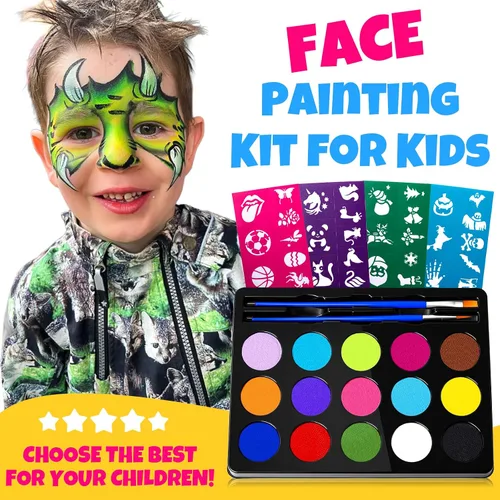 Vista 5 de Kit de pintura facial Drawdart para niños - 15 colores de pintura facial no tóxica a base de agua con plantillas y brochas - Kit de maquillaje