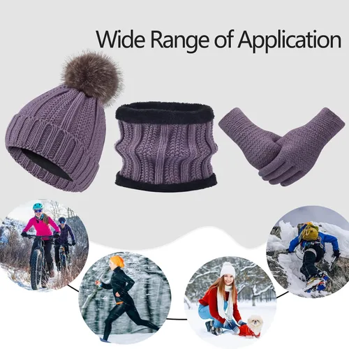 Vista 7 de Conjunto de bufanda de invierno para mujer, gorro de forro polar, bufandas para pantalla táctil, 3 en 1