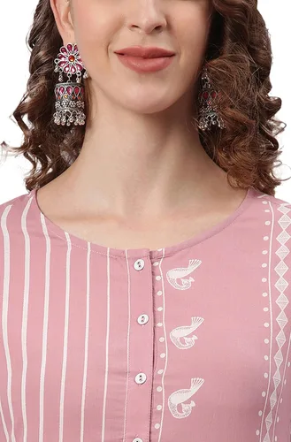 Vista 7 de Janasya Kurta de algodón estampado malva para mujer
