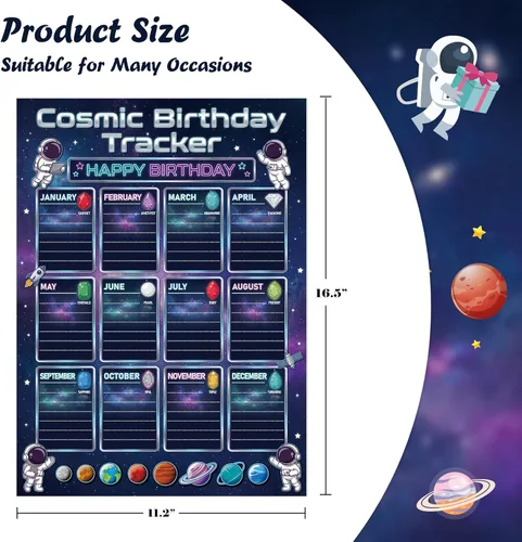 Vista 2 de WhatSign Calendario de cumpleaños para el aula, póster de tabla de cumpleaños de 12 x 16 pulgadas con piedras de nacimiento, sistema solar