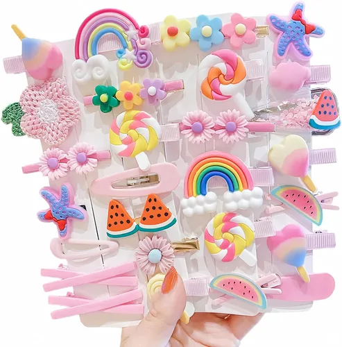 Vista 3 de 28 PIEZAS Lindas Pinzas para el Cabello, Accesorios para el Cabello de Moda para Niñas, Juego de Pasadores con Flores, Frutas, Arcoíris Colorido