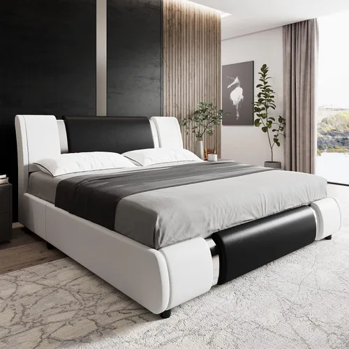 Vista 12 de TTVIEW Moderna base de cama tapizada de piel sintética con decoración de metal de hierro dorado, cabecera curvada ajustable, soporte de listones