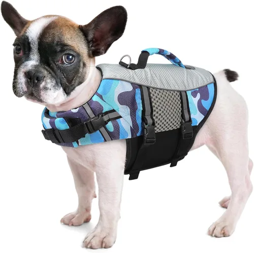 Vista 16 de Chaleco salvavidas para perros, chaleco de natación, ligero, altamente reflectante, para mascotas, con asa de elevación y anillo para correa