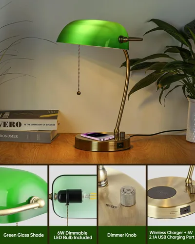 Vista 5 de Lámpara de Escritorio de Banquero de Cristal Verde con Cargador Inalámbrico, Puerto de Carga USB para Oficina en Casa, Lámpara de Mesa Regulable sin