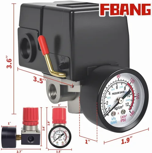 Vista 3 de Válvula de control del interruptor de presión del compresor de aire, regulador de presión 90-120PSI con conjunto de accesorios de manómetros