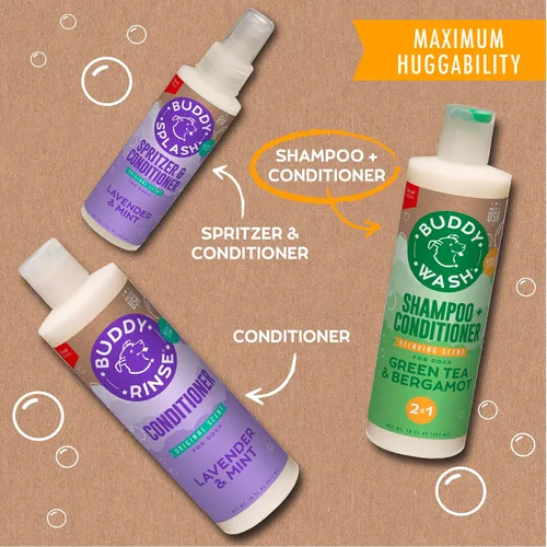 Vista 7 de Buddy Grooming Wash Champú 2 en 1 para perros, té verde y bergamota, botella de 16 onzas