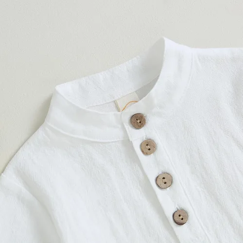 Vista 4 de Conjunto de camisa de manga larga con cuello de banda de algodón y lino para bebé y niño, pantalones casuales para otoño e invierno