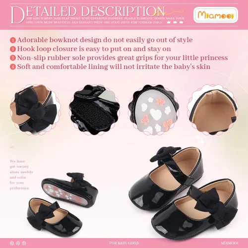 Vista 5 de Miamooi Zapatos de vestir de boda para bebés y niñas, zapatos de ballet con lazo de princesa Mary Jane, zapatos planos para primeros pasos, zapatos