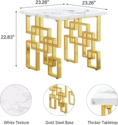 Vista 2 de AUZ Mesa auxiliar dorada, moderna mesa auxiliar cuadrada para sala de estar con parte superior blanca y base geométrica de metal dorado espejado