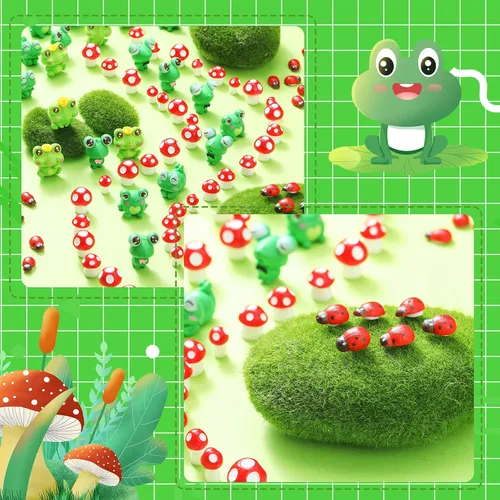 Vista 4 de 130 piezas de mini hongos, rana, pequeña mariquita, mini hongos rojos, decoración de tartas, figuras en miniatura, setas de jardín, setas de rana