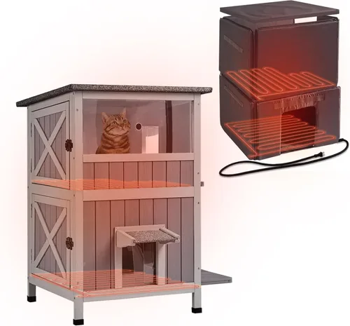Vista 8 de GUTINNEEN Casa climatizada para gatos al aire libre, resistente a la intemperie, refugio grande para gatos con forro 100% aislado para múltiples
