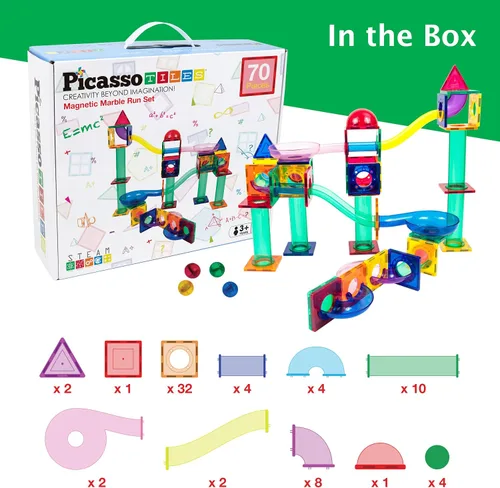 Vista 9 de PicassoTiles Paquete de 70 pistas de carreras de mármol + estuche de transporte: juego educativo STEAM para niños, incluye organizador
