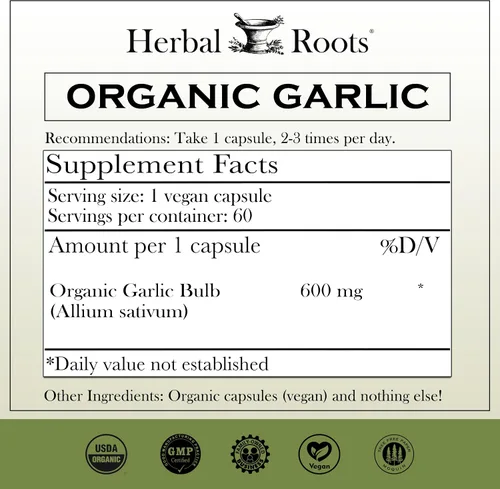 Vista 2 de Herbal Roots Píldoras orgánicas de ajo de bulbo entero - Potente fuerza extra 600 mg - 60 cápsulas veganas orgánicas