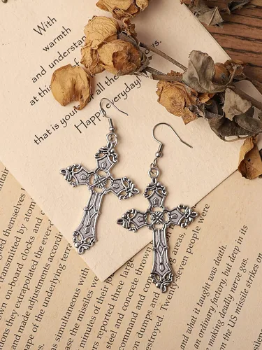 Vista 3 de Sacina Aretes de cruz gótica, aretes góticos, aretes góticos, aretes de cruz para mujer, Halloween, Navidad, Año Nuevo, regalo de joyería para mujer