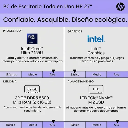 Vista 2 de HP Computadora de escritorio todo en uno con pantalla táctil de 27 pulgadas, Intel 12-Core Ultra 7 155U, 32 GB DDR5 RAM, 1 TB SSD, KB y mouse