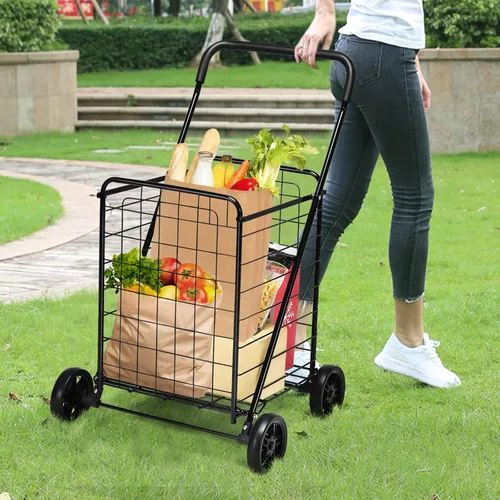 Vista 2 de Goplus Carrito de compras para comestibles, carrito de compras resistente plegable con ruedas, carrito de comestibles portátil colapsable, carrito