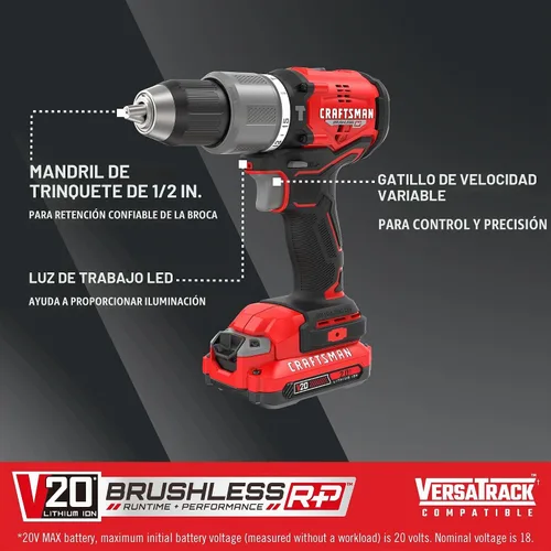 Vista 5 de CRAFTSMAN V20 Kit de taladro de martillo inalámbrico, 1/2 pulgada, 2 baterías y cargador incluidos (CMCD732D2)