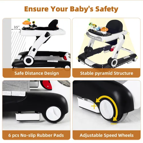 Vista 2 de Andador de bebé 5 en 1 con ruedas, andadores de bebé para niños y niñas de 6 a 18 meses, andador plegable ajustable con saltador, bandeja de Negro