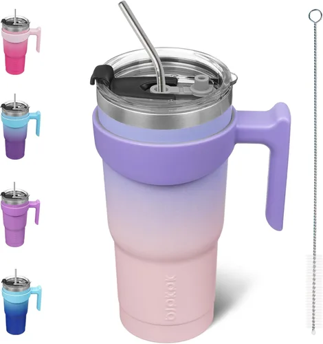 Vista 29 de BJPKPK Mini vaso de 10 onzas con tapa, popote y asa, taza de acero aislada