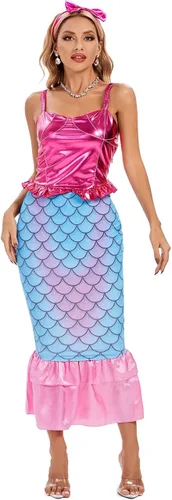 Vista 4 de Funna Disfraz de sirena para mujer, vestido largo con diadema para cosplay y Halloween
