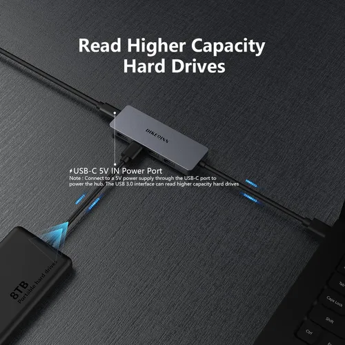 Vista 3 de Concentrador USB 3.0, 4 puertos con puerto de alimentación USB-C, concentrador de datos de alta velocidad y extensor para laptop, computadora