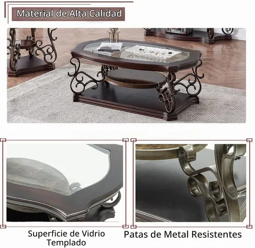 Vista 5 de Elegante mesa auxiliar retro, mesa de cóctel rectangular tradicional de 3 niveles con parte superior de vidrio templado, estante de mármol medio