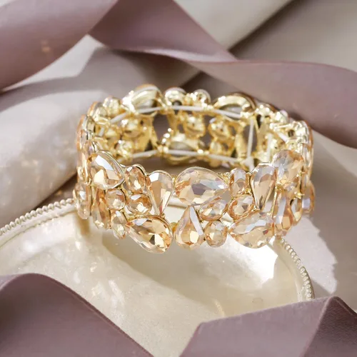 Vista 4 de EVER FAITH Pulsera elástica de cristal con forma de lágrima ovalada para mujer, estilo Art Déco, para novia