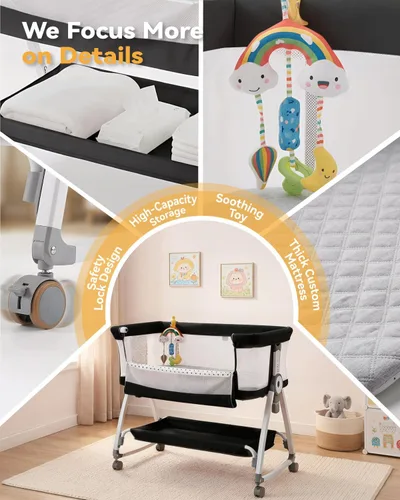 Vista 5 de Moisés 4 en 1 para Bebé Durmiente de Cabecera, Moisés de Cabecera con Ruedas, Moisés Ajustable de 6 Alturas con Colchón Suave, Mosquitero, Juguete