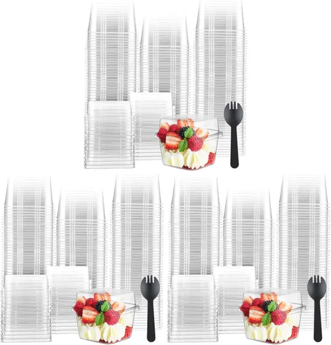 Vista 9 de Tanlade - Juego de 100 tazas de postre transparentes de 8 onzas con tapas y tenedores, tazas de plástico rectangulares desechables parfait