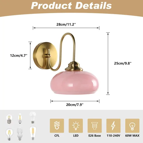 Vista 2 de KCO Lighting Aplique de Pared Rosa Dorado Cepillado Accesorios de Luz para Baño Lámpara de Pared de Globo de Vidrio Aplique de Pared Moderno
