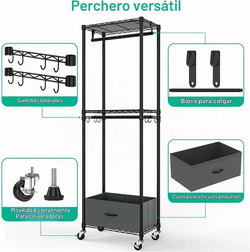 Vista 6 de Folews Perchero Rodante para Ropa, Perchero de Vestimenta de 3 Niveles para Colgar Ropa, Armario de Alambre Metálico con Barras de Cajón