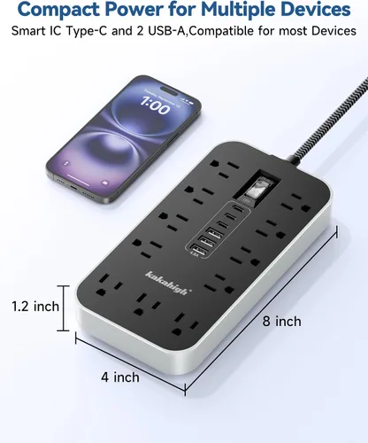 Vista 2 de Cable de extensión con puertos USB - Regleta de alimentación de 5 pies con USB, 1625 W con 11 tomas de corriente alterna, 6 USB (24 W/4.8 A)