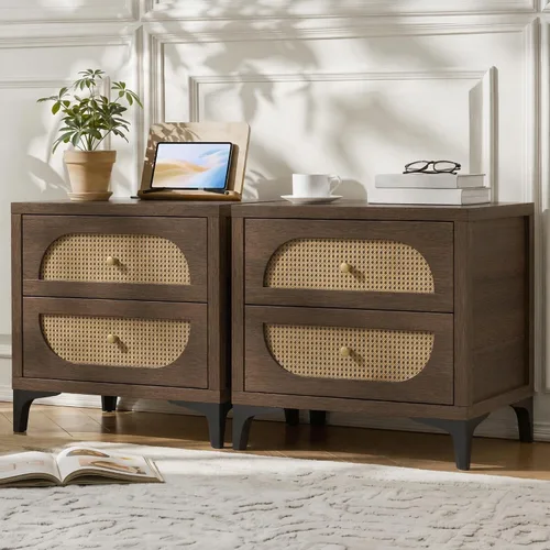 Vista 9 de KISLOT 22'' Rattan Night Stand with 2 Drawers, USB Charging Station