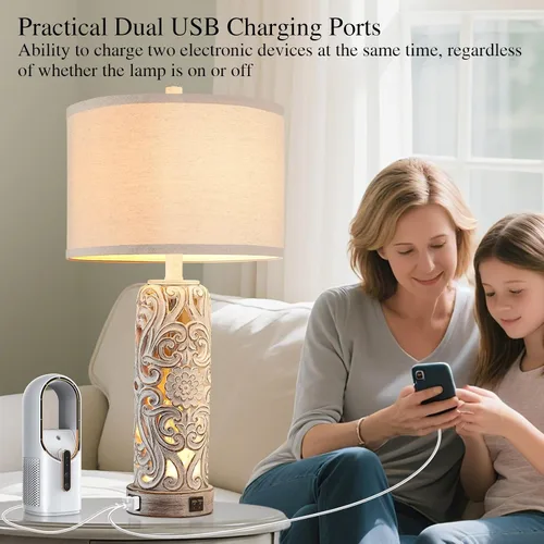 Vista 3 de Lámparas de mesa rústicas para sala de estar y dormitorio Lámpara de noche vintage con doble puerto USB, lámparas retro de resina blanca antigua