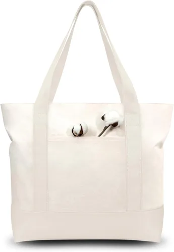 Vista 8 de TOPDesign Paquete de 1 bolsa de lona con bolsillo externo, bolsa de compras reutilizable para comestibles, cierre de cremallera superior, artículos
