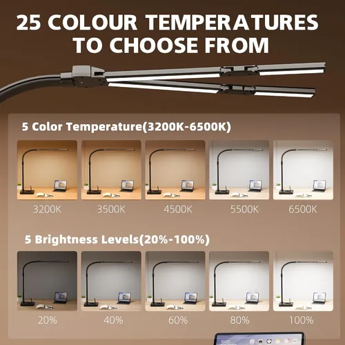 Vista 3 de Lámpara LED de escritorio para oficina en casa, luz de escritorio de doble cabezal brillante de 24 W con abrazadera para el cuidado de los ojos, luz