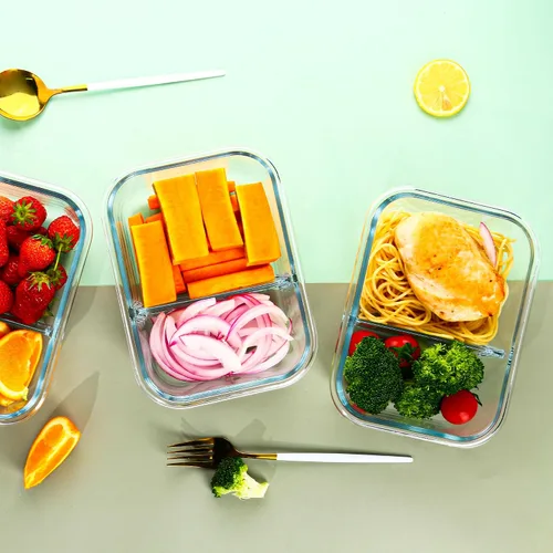 Vista 7 de Paquete de 5 recipientes de vidrio de 30 onzas para preparación de comidas, 2 compartimentos de almacenamiento de alimentos con tapas, cajas Bento
