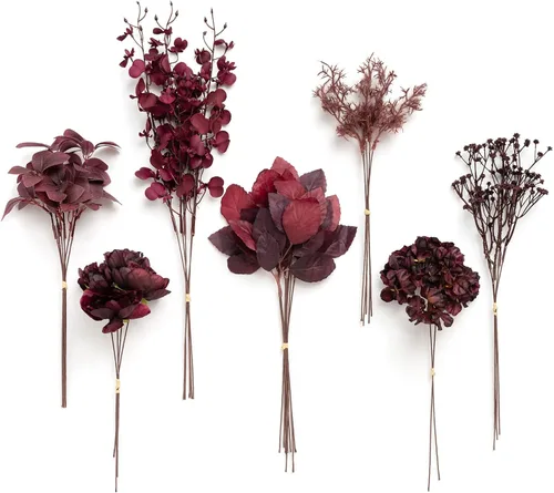 Vista 11 de Ling's moment - Juego de tallos de vegetación artificial verde, 36 piezas con 8 tipos de flores artificiales para ramos de novia de bricolaje Negro