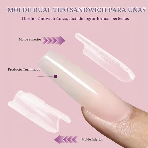 Vista 2 de 280 formas de uñas dobles tipo sándwich, 14 tamaños, forma ovalada para gel constructor, moldes de extensión de uñas reutilizables de cobertura