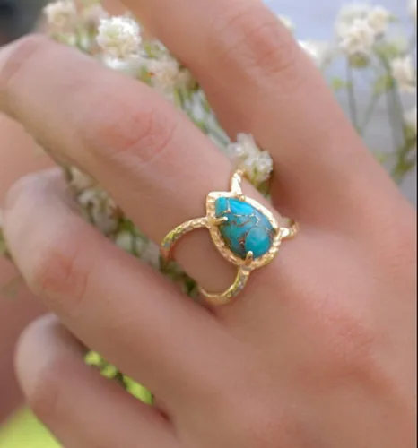 Vista 3 de Awmnjtmgpw - Anillo turquesa con incrustaciones de oro de 18 quilates con forma de lágrima y pera talla 10