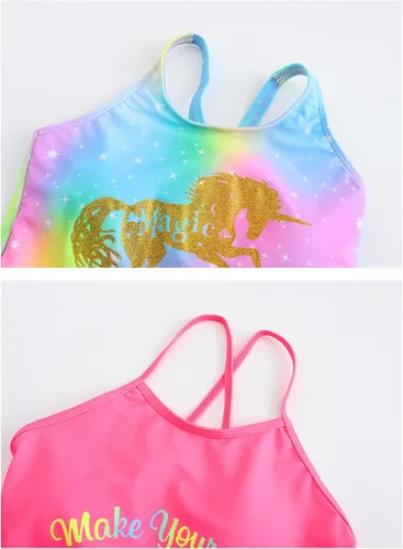 Vista 3 de Mecamelon Paquete de 2 trajes de baño de una pieza para niñas, estampado de unicornio, sirena, traje de baño de playa