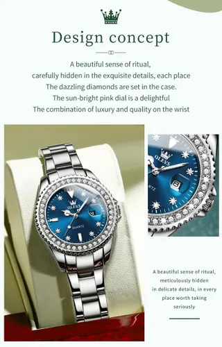 Vista 7 de Relojes OLEVS para Mujer con Diamantes y Fecha, de Lujo, de Cuero, Impermeable, de Pulsera, Reloj Analógico de Vestir, de Acero Inoxidable