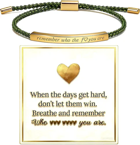 Vista 10 de Pulsera trenzada motivacional con texto en inglés "Remember Who The F You Are", regalos inspiradores para mujeres y amigas