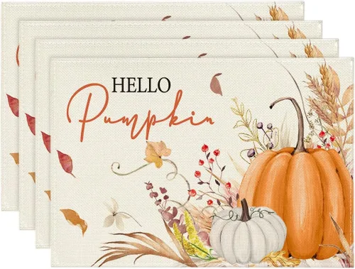 Vista 10 de Artoid Mode Juego de 2 manteles individuales de otoño de 12 x 18 pulgadas con diseño de hojas florales de calabaza naranja y calabaza