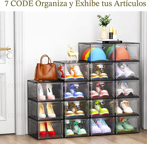 Vista 5 de Organizador de almacenamiento de zapatos de plástico transparente, grueso y resistente c/puerta magnética, cajas apilables, zapatero plegable
