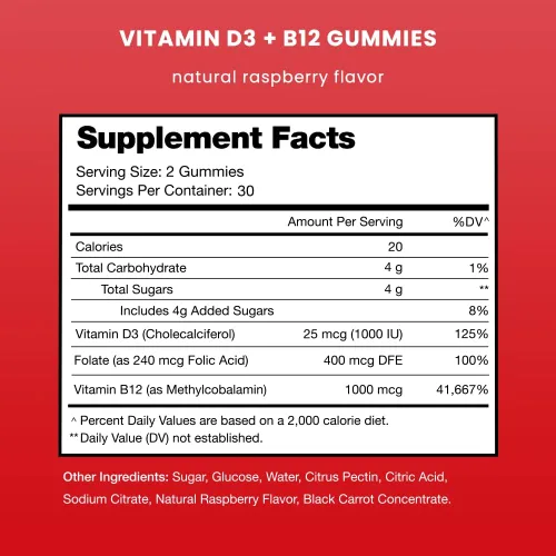 Vista 2 de NutraChamps Vitamina D3 y B12, Gomitas de Metil B12 para Adultos y Niños, Enriquecidas con Vitamina D 3 y Folato de Vitamina B9, Energía Natural